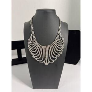 Vtg. Style Rhinestone Bib Necklace Art Deco Fringe Statement Crystal Collar 14”L